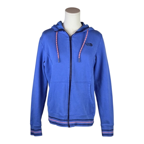 The North Face Blue Full Zip Hoodie L Pink Drawstring Stripe Trim Womens - Picture 1 of 9